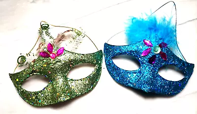 2 Mardi Gras Mask Ornaments Green & Blue W/feathers New Orleans • $10.82