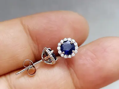 1.40 Ct Genuine Sapphire & Diamond Stud Earrings In Solid 14K White Gold Halo • $469.60