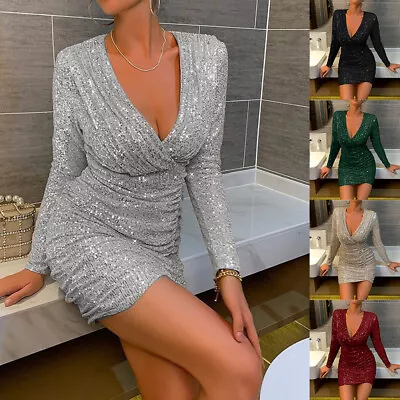 Womens Sexy Sequin V-Neck Bodycon Mini Dress Ladies Party Cocktail Evening Gown • $32.29
