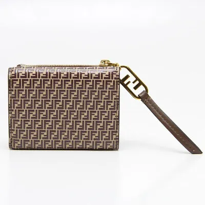 FENDI Trifold Wallet Compact Wallet Zipper Hook FF Logo Brown Leather Women • $270