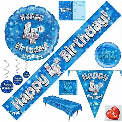 Blue Happy Birthday & Age 4th Party Decorations Buntings Banners Balloons Swirls • £2.50