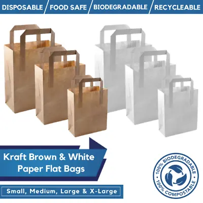 Kraft Brown & White Paper Bags Takeaway Carrier Bags SOS Bags Flat Handle Bags • £1.49