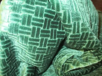 2 Yd - Vintage Lush Emerald Green Basket Weave Cut  Velvet Upholstery Fabric • $120