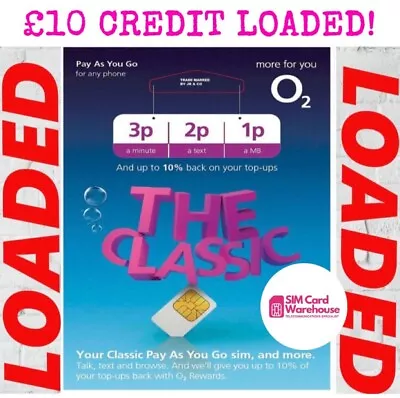 O2 Sim Card Sealed Classic 3p 2p 1p Mini Micro Nano  LOADED £10 CREDIT TOPPED UP • £8.99