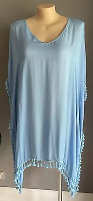 BELLE CURVE Light Blue Kaftan/Beach/Swim Cover Up Tassel Trim Plus Size 20/22 • $29.99