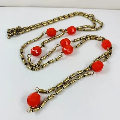 J CREW 36” Long Necklace Red Beaded Gold Tone Faceted Tube Link Chain • $22.99