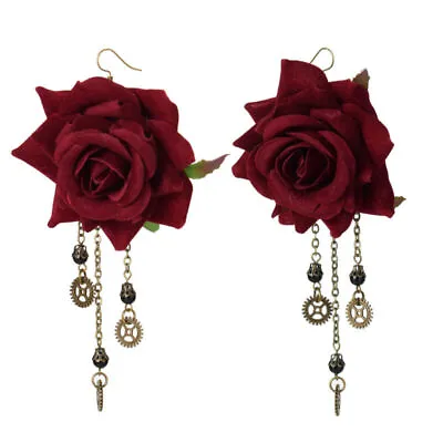Women's Gothic Red Floral Gear Pendant Earring Drop Dangle Steampunk Ear Hook • $3.99