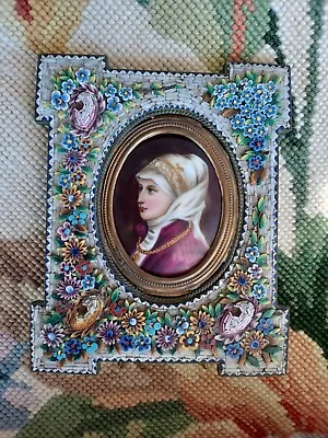 Large Antique Victorian Micro Mosaic Floral Violet Painted Portrait Plaque Frame • $450