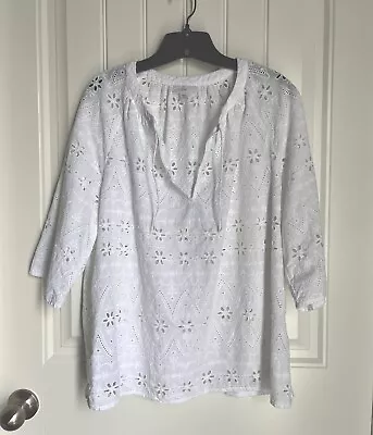 J. Jill Shirt Eyelet Lace Embroidered Top Womens Large White Cotton 3/4 Sleeves • $24.99