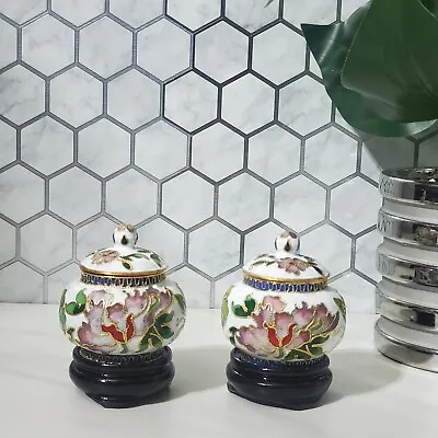 Cloisonne Enamel Miniature 3  Vases & Lids With Wooden Stands Set Of 2 • $24.91