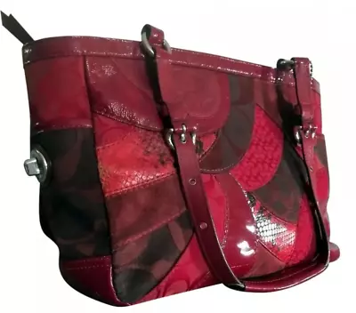 Coach Signature C Canvas Red Leather Patchwork Tote With Patent Leather Trim • $85.60