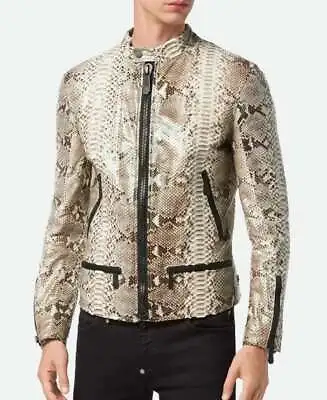 New Men's Stylish Exotic Python Snake Texture Real Lambskin Leather Jacket • $143.18