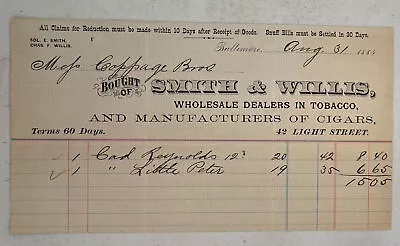 Original Antique 1885 Tobacco Cigar Billhead Receipt Baltimore Smith And Willis • $10.49