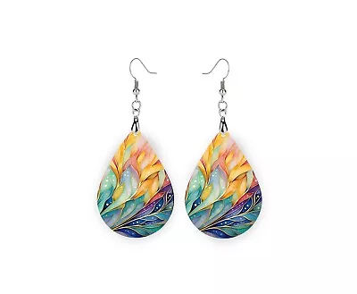 Rainbow Palm Leaves Print Wood Dangle Teardrop Print Earrings Jewelry • $14.98