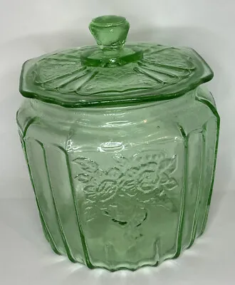 Depression Style Green Biscuit Jar With Lid Mayfair Open Rose • $22.99