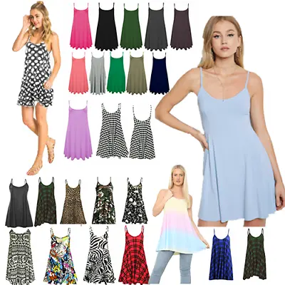 £7.49 • Buy Women Cami Swing Dress Sleeveless Vest Top Strappy Printed Long Flared Plus Size