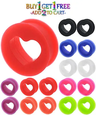 Pair 8g-50mm SILICONE HEART TUNNELS Double Flare Gauges Solid Cut Out Ear 3057 • $9.95