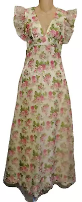 Pinafore Halter Top Maxi Dress Handmade Vintage Sheer Pink Roses Floral XS • $26