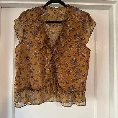 MNG Top Womens S Small Mustard Yellow Floral Paisley Ruffle Front Sheer Thin • $14.99