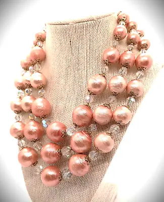 Vtg 50s-60s 3-strand Pink Foiled Bubble Bead Necklace Aurora Borealis Crystals • $34.95
