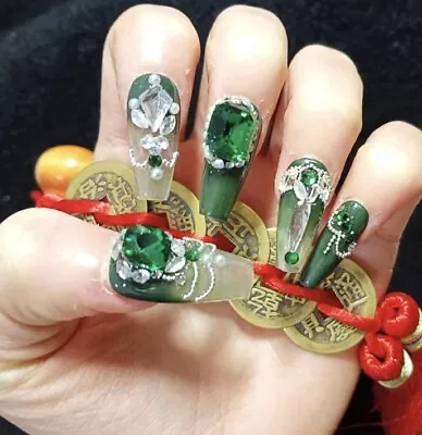 Press On Nails Set 10 Medium Silver Butterfly Halloween 3D Gift Green Diamond • $19.99