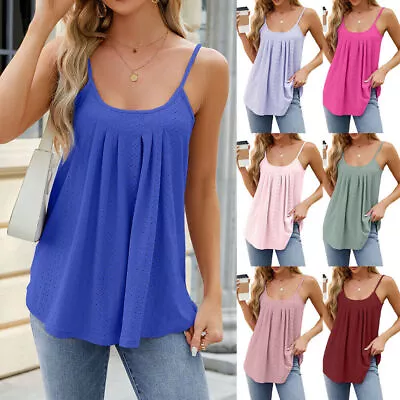 Women Camisole Flowy Tank Top Loose Fit Pleated Vest Adjustable Straps Summer • £7.98
