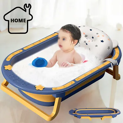 Foldable Portable Baby Bath Tub For Toddler With Baby Cushion For 0-3 Years Blue • £30.89