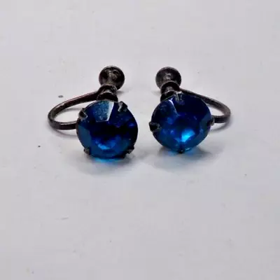 Vintage Acrylic Faux Sapphire? Marked STERLING Screw Back Earrings • $13