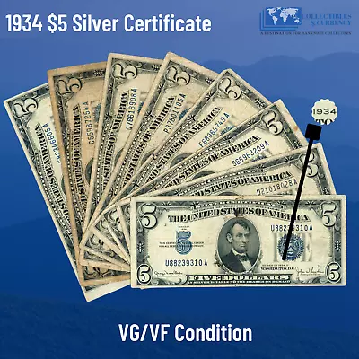 ✔ One 1934 Blue Seal $5 Dollar Silver Certificate F/VFOld US FIVE Dollar Bill • $14.95