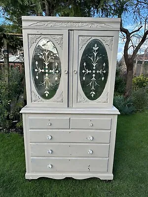 Antique Linen Press Cupboard Drawers Dresser Grey Painted Mirror French Larder • £295