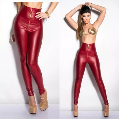 Leather Look Leggings High Waist Wetlook Pants Front Zip KouCla - Red • £17.95