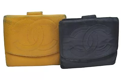 Authentic CHANEL Caviar Lamb Skin CC Logo Bifold Wallet Yellow Black 2Set K0721 • £7.64