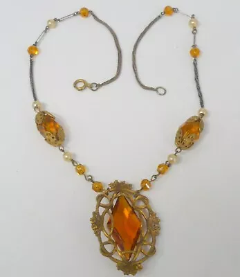 Estate Art Deco Antique Ornate Amber Glass Ornate Necklace.  Beautiful • $15.99