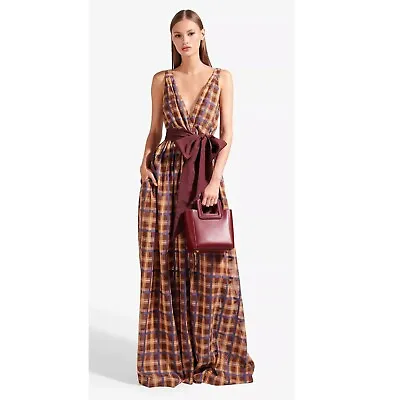 $226.55 • Buy Staud Women Mocha Plaid Sleeveless Crossover Neck Tie Waist Mika Jumpsuit Size S