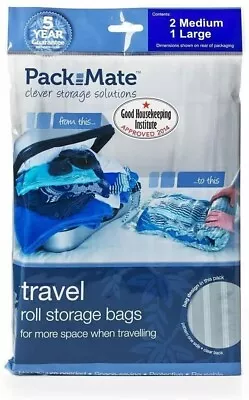 Packmate Travel Roll Bag Space Saving 2 Medium 1 Large Flat Pack By Hand No Vac • £12.25