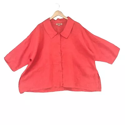 FLAX Linen Top Womens Red 1/2 Button Front Boho Indie Blouse Size 1G 18-20 • $29.99