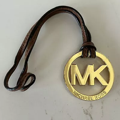 Michael Kors Bag Charm Brown Leather Strap Gold Tone MK Logo Hardware Tag • $11.69