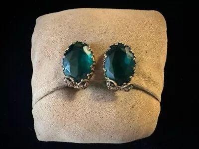 Vintage West Germany Evergreen Glass Gold Tone Finery Bow Clip Earrings • $19.99