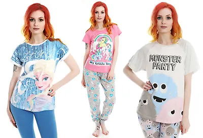 Ladies Disney Character Pyjama T-Shirt & Bottoms Set Womens PJ'S Pants Nightwear • £15.99