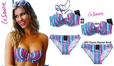 La Senza Candy Stripe Multiway Bandeau/Strapless Halter Bikini Set 32A & 8 Brief • £29