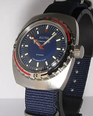 ☭WOSTOK VOSTOK Barrel AMPHIBIAN ANTIMAGNETIC NAVY MILITARY USSR Wristwatch 1970s • $112