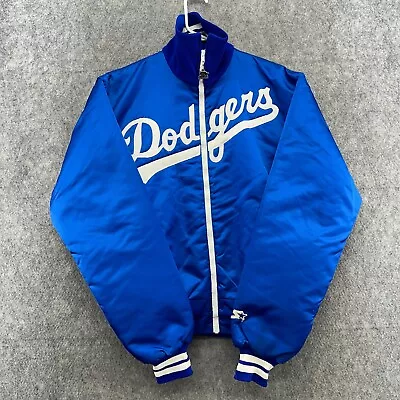 VTG Los Angeles Dodgers Jacket Mens L Blue Satin Varsity Bomber Coat Starter 80s • $199.95