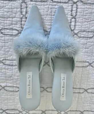 Olivia Rose Tal Powder Blue Wedge Heel Shoe Mules Fur Trim Size 8 Vintage • $19.95