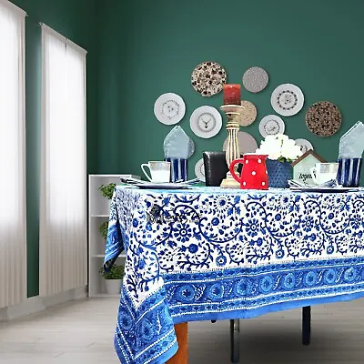 Floral Block Print Cotton Tablecloth Rectangle Round Blue White Square Linen • $52.86