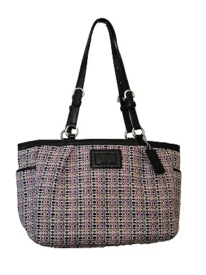 Coach Tweed Multi Color Wool Knit Tote Handbag Black Leather Trim Pockets • $65