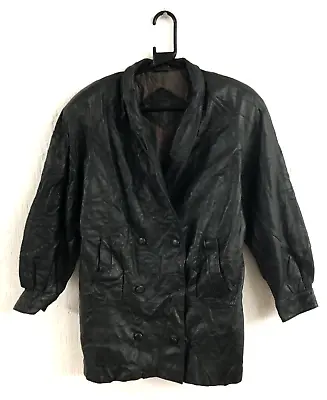 Vintage 80s Black Real Leather Mid Length Casual Jacket Coat Relaxed Size 10 • £25