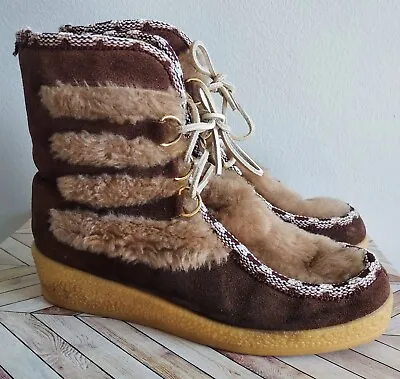 Quoddy Moccasins Brown Suede Faux Fur Lined Lace Up Boots Women's Size 8 • £72.32