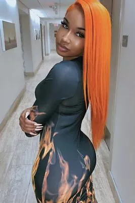 Women's Lace Frontal Orange Wig Long Straight Synthetic Silky Wig Heat Safe USA • $35.99