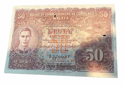 Malaya 50 Cents 1941 Banknote.  Ungraded Circ.   See Pictures For Condition! • $9.99