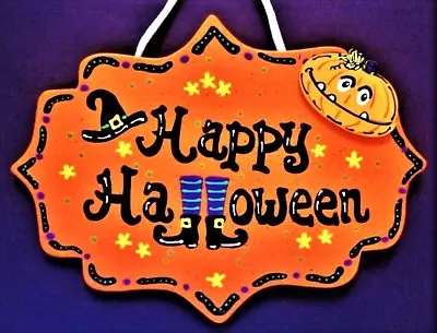 HAPPY HALLOWEEN SIGN Pumpkin Witch Hat & Shoes Wall Hanger Plaque Seasonal Decor • $13